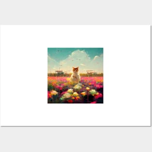 Another cat sitting in a flower field Posters and Art